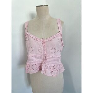 Topshop Tank Top Women US 10 Pink Eyelet Cropped Buttons Coquette Lolita Boho
